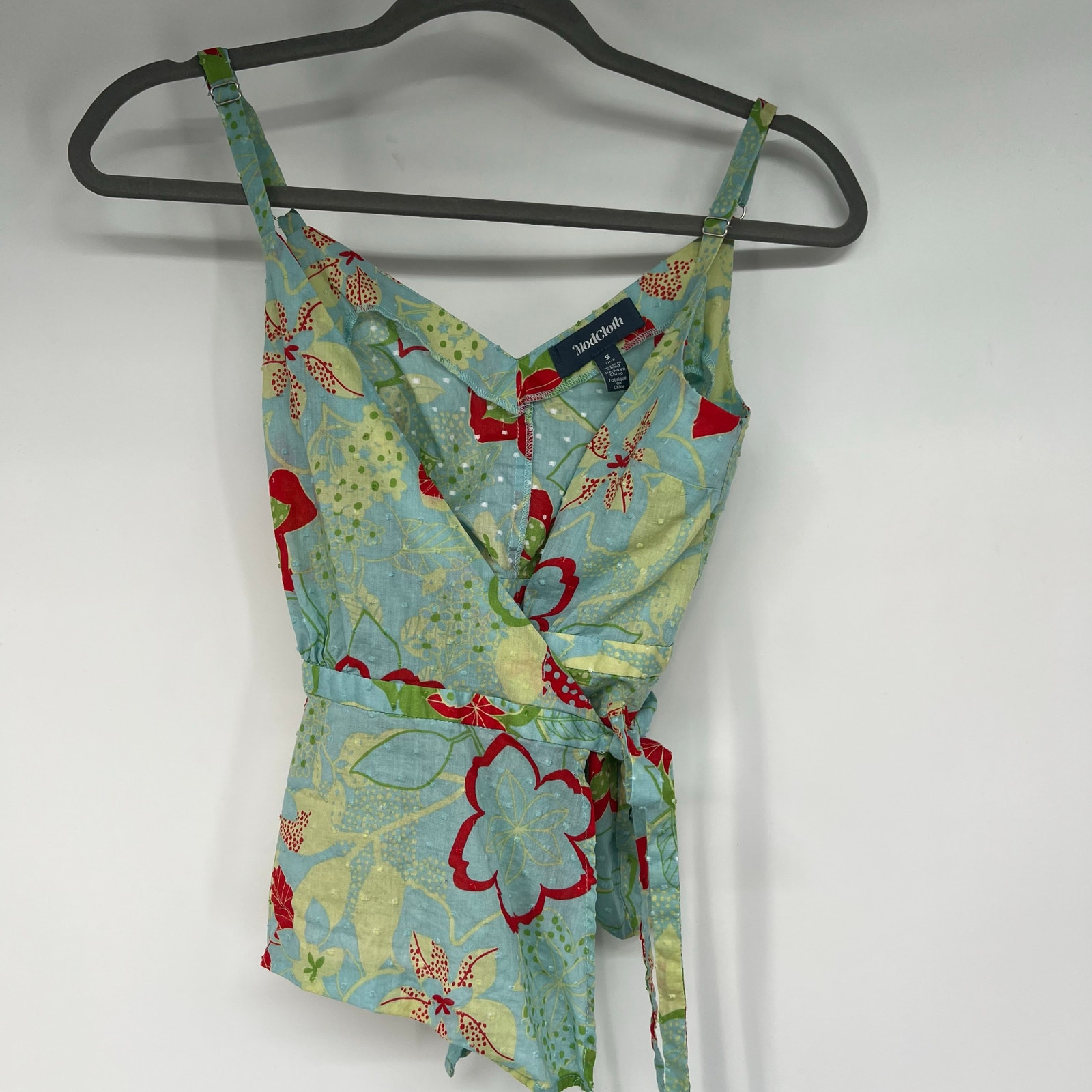Modcloth Floral Wrap Spaghetti Strap Tank Top Women's Size S Blue Spring Cotton